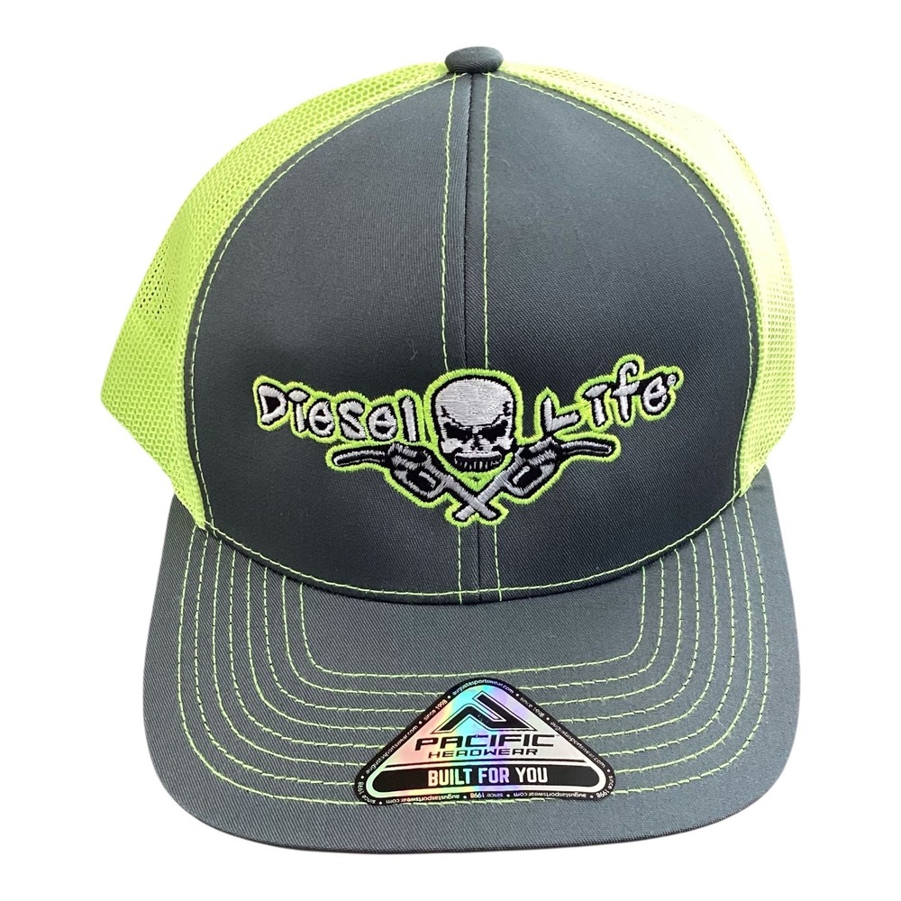 Diesel Life Pacific Headwear Trucker Hat Charcoal Neon Green Skull Snapback Cap